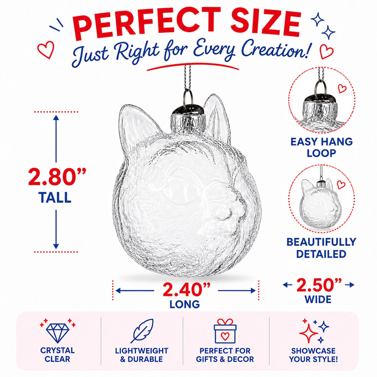 Mini Cat Head Clear Glass Christmas Ornament