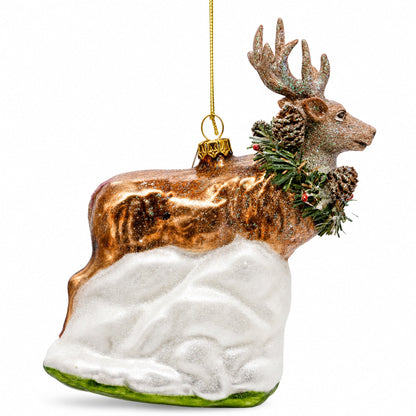 Reindeer with Pine Garland and Snowy Trees Glass Christmas Ornament