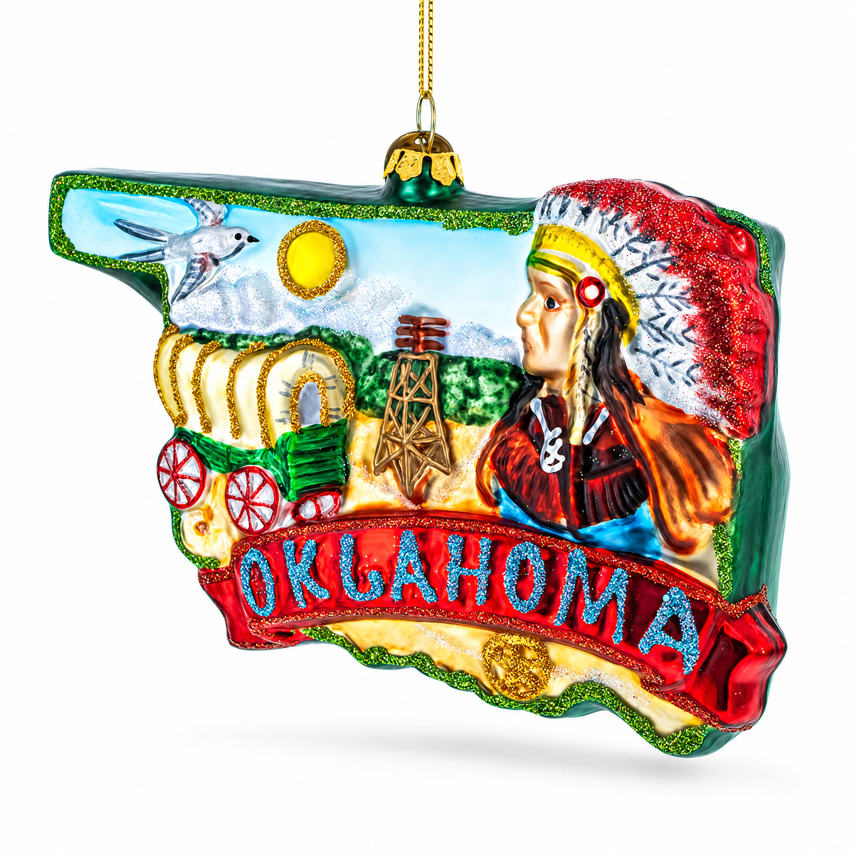 State of Oklahoma Symbols, USA Glass Christmas Ornament