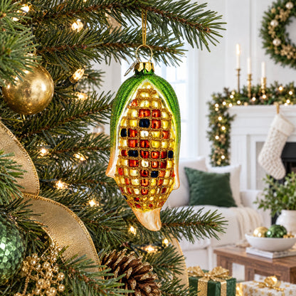Golden Corn on the Cob Glass Christmas Ornament