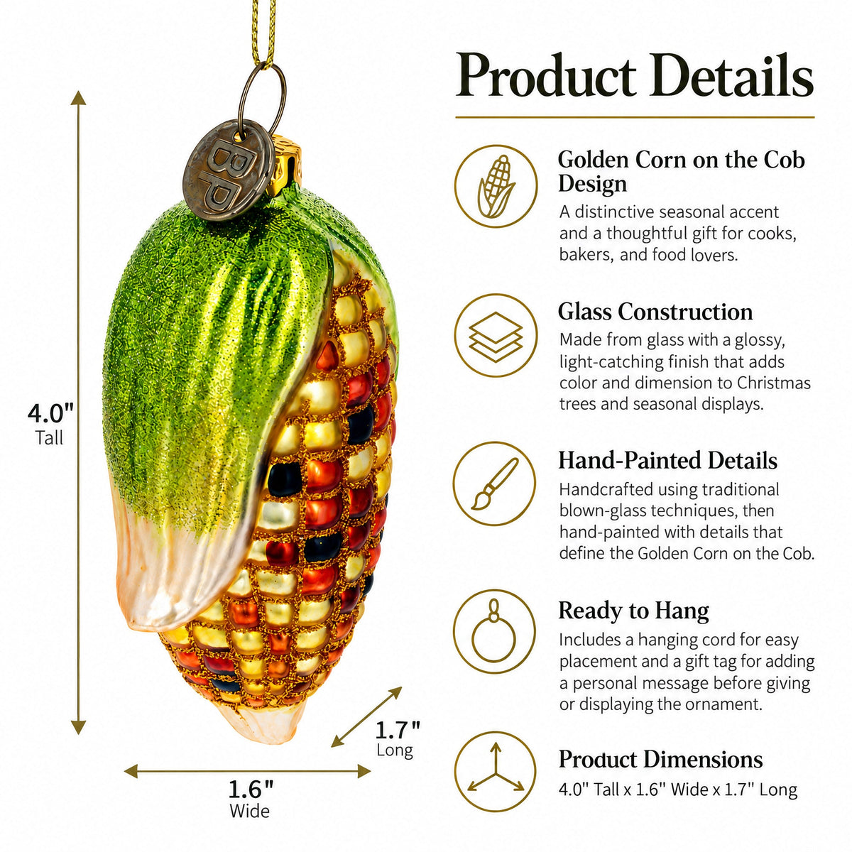 Golden Corn on the Cob Glass Christmas Ornament