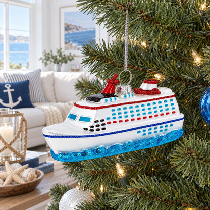 Voyage Aboard a Majestic White Cruise Ship Glass Christmas Ornament