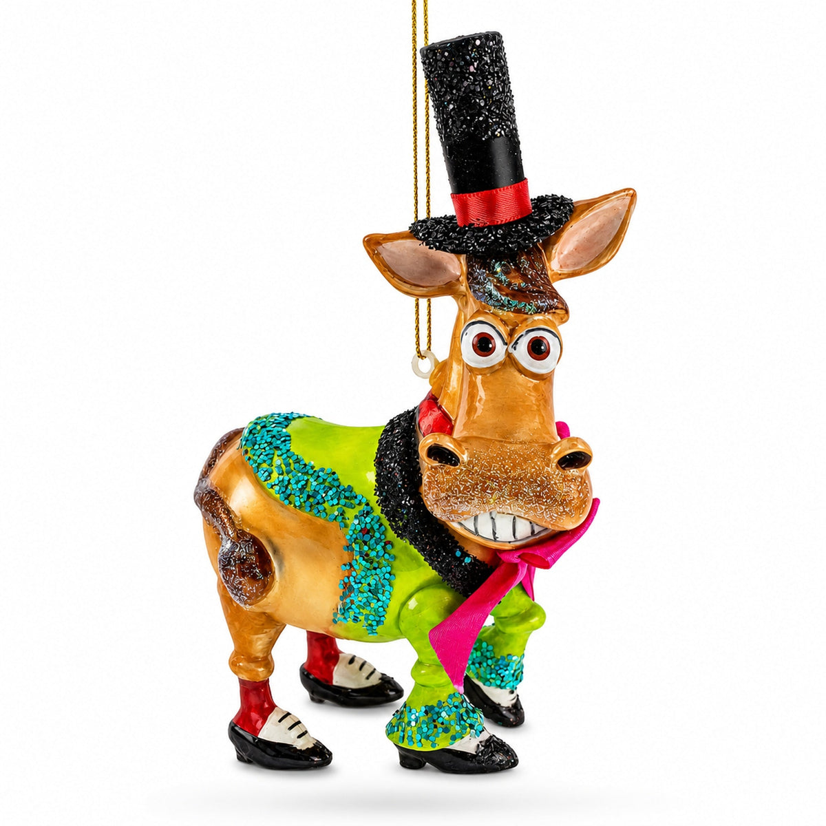 Donkey in Whimsical Costume Glass Christmas Ornament