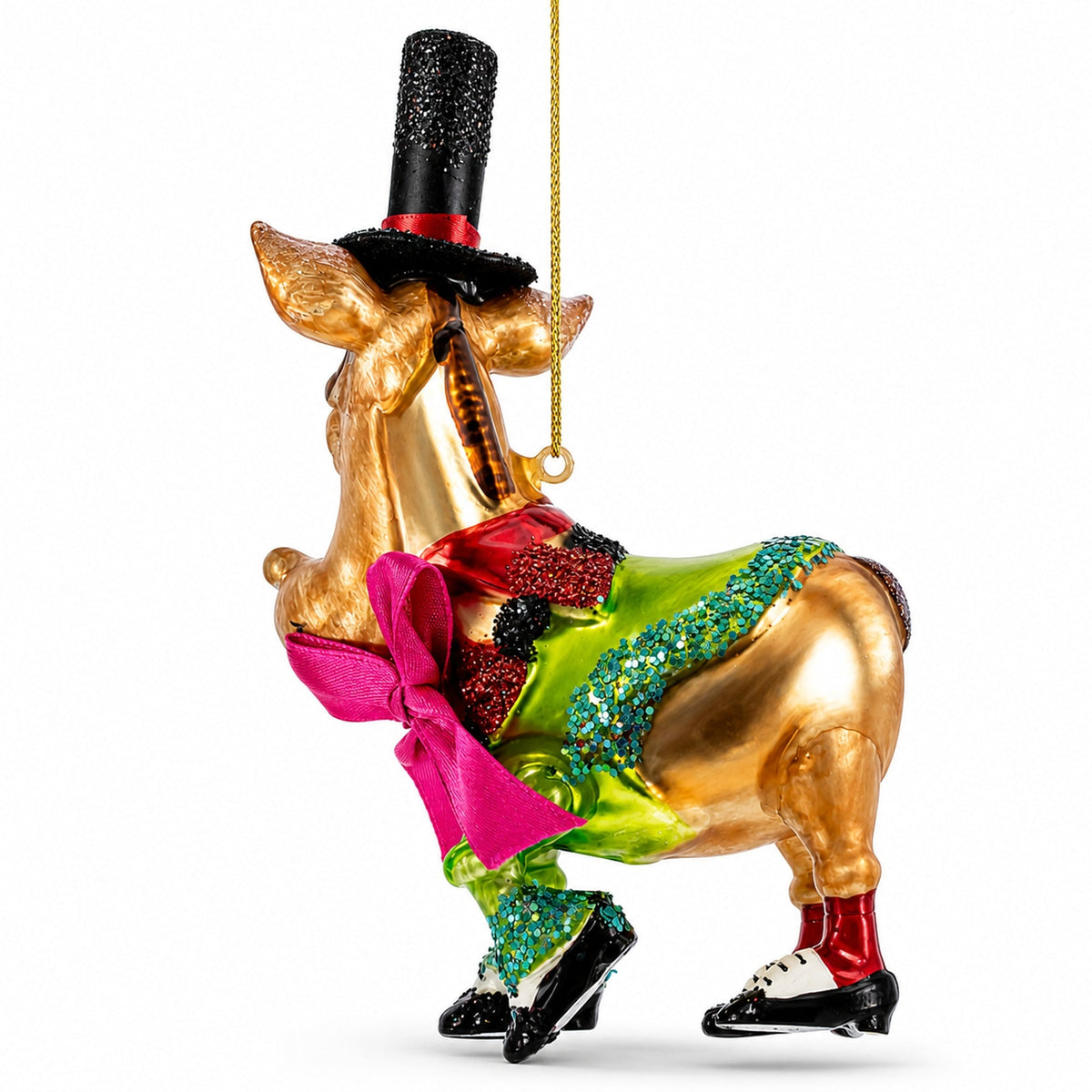 Donkey in Whimsical Costume Glass Christmas Ornament