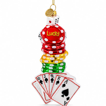 Casino Poker Chips and Cards Glass Christmas Ornament