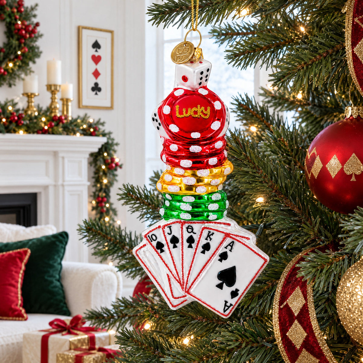 Casino Poker Chips and Cards Glass Christmas Ornament
