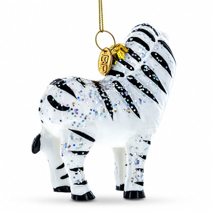 Glittered Zebra Glass Christmas Ornament