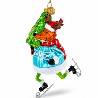 Fox Ice Skating Glass Christmas Ornament