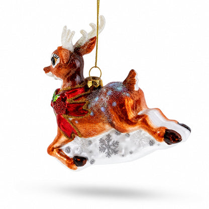 Baby Deer Running Glass Christmas Ornament