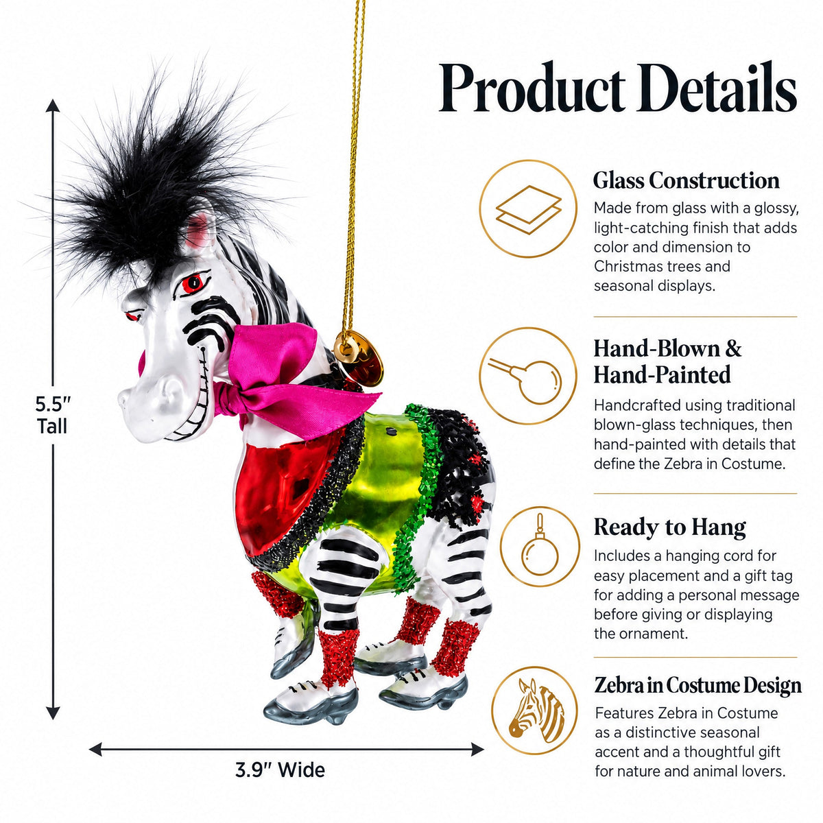 Zebra in Costume Glass Christmas Ornament