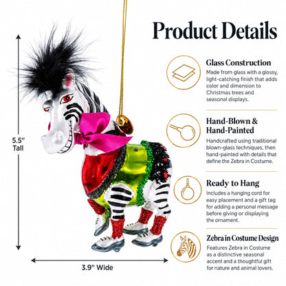 Zebra in Costume Glass Christmas Ornament