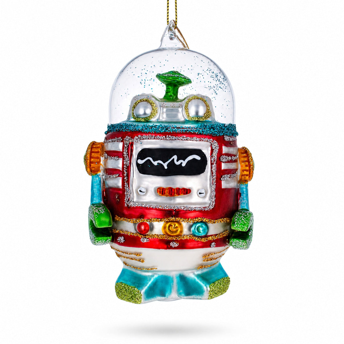 Glittered Robot Glass Christmas Ornament