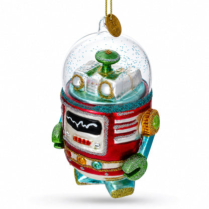 Glittered Robot Glass Christmas Ornament