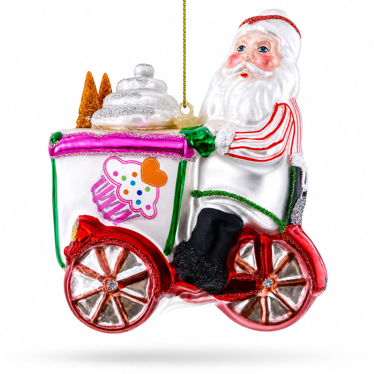 Santa the Ice Cream Cart Glass Christmas Ornament