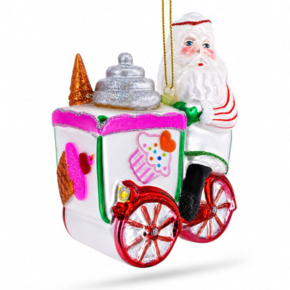 Santa the Ice Cream Cart Glass Christmas Ornament