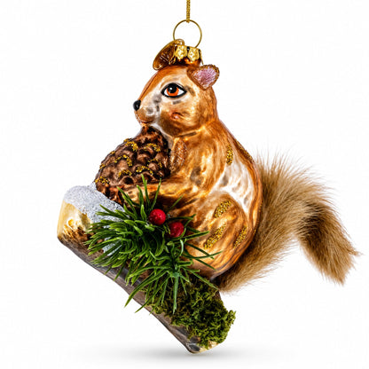 Squirrel on a Branch Glass Christmas Ornament