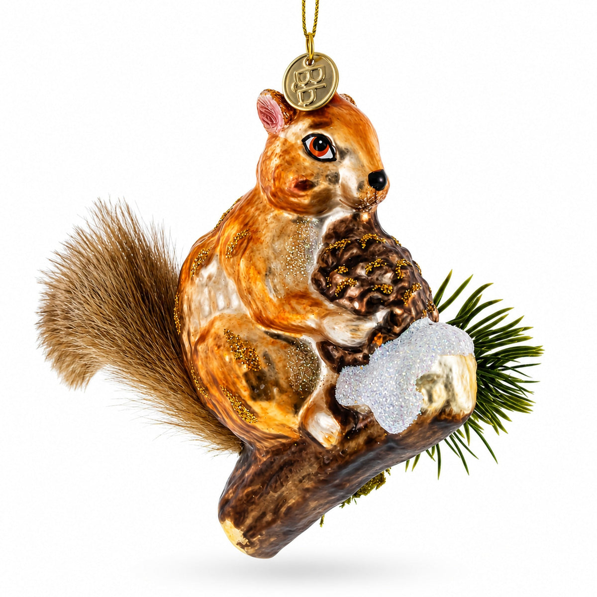 Squirrel on a Branch Glass Christmas Ornament