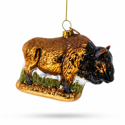 Brown Buffalo on Prairie Grass Glass Christmas Ornament