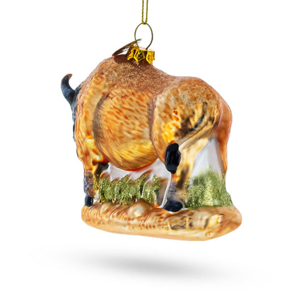 Brown Buffalo on Prairie Grass Glass Christmas Ornament