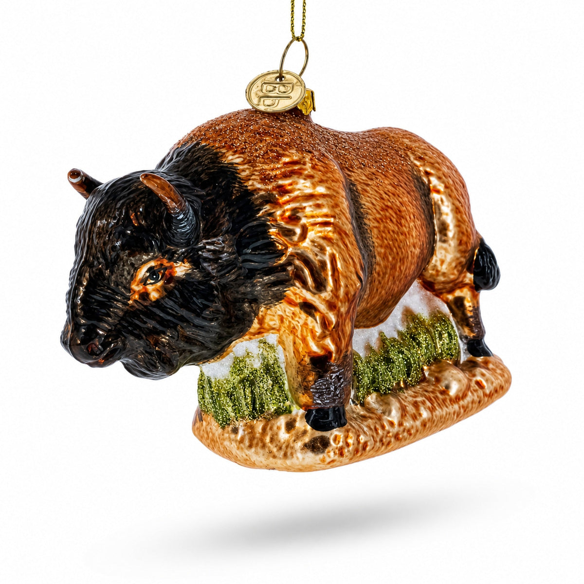 Brown Buffalo on Prairie Grass Glass Christmas Ornament