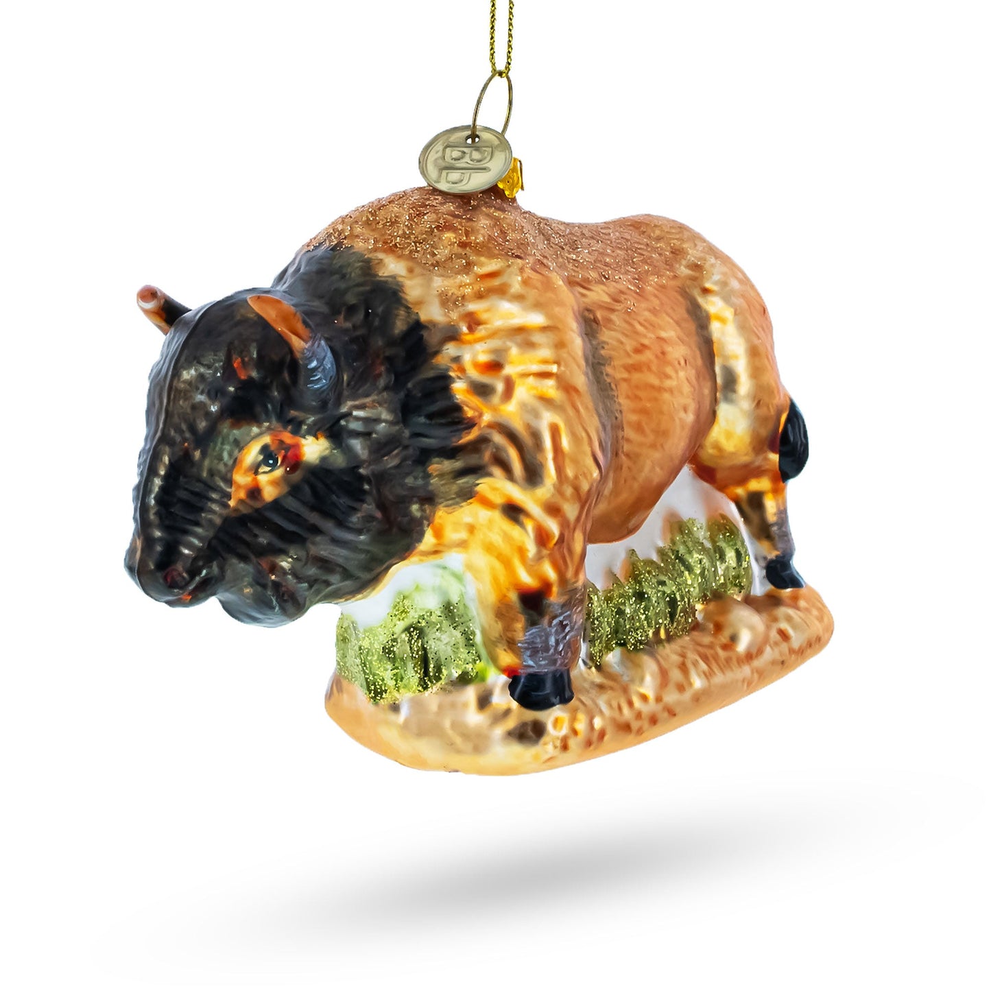 Brown Buffalo on Prairie Grass Glass Christmas Ornament
