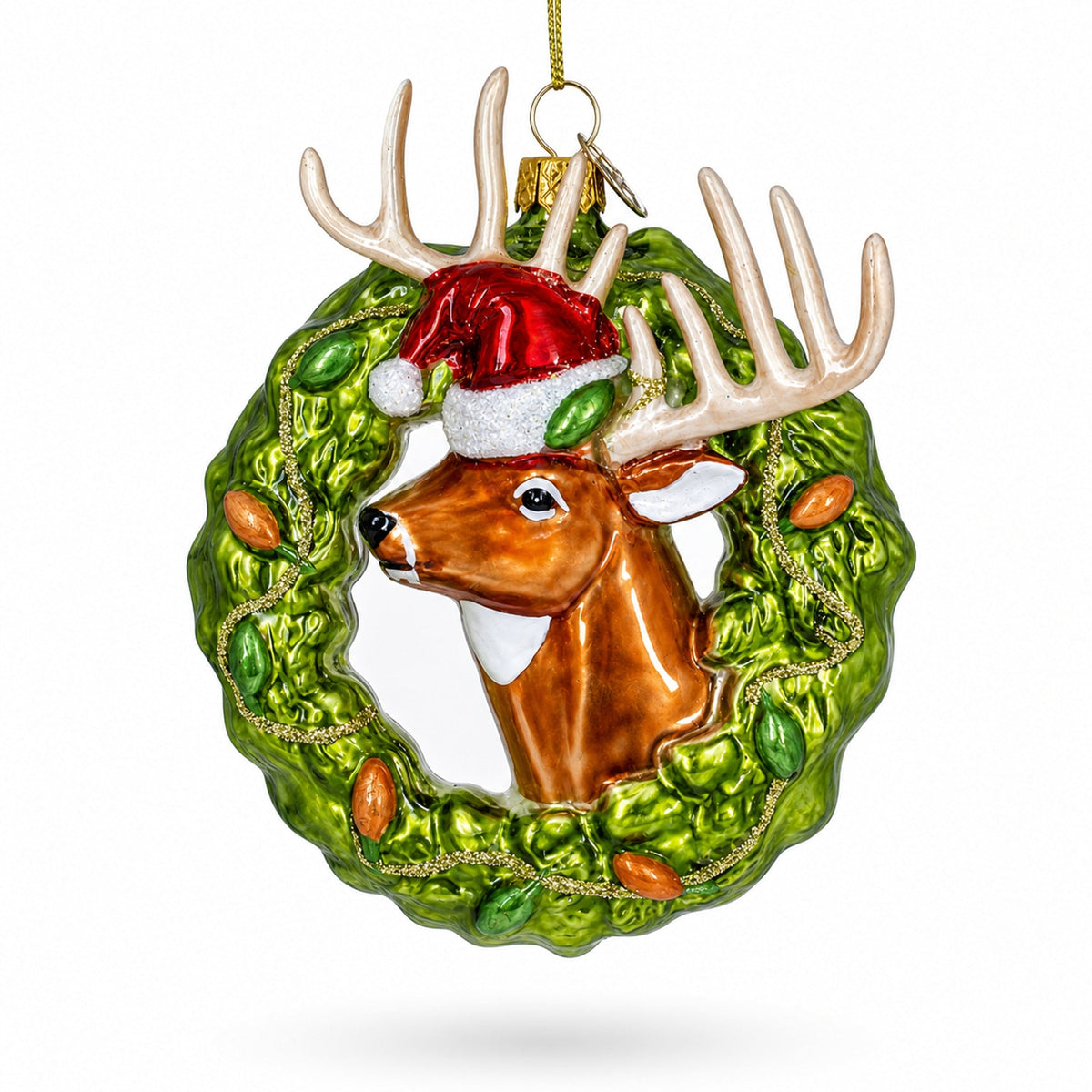 Reindeer Wreath Glass Christmas Ornament