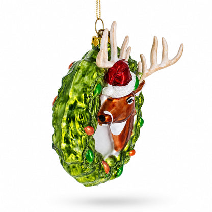 Reindeer Wreath Glass Christmas Ornament