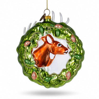Reindeer Wreath Glass Christmas Ornament
