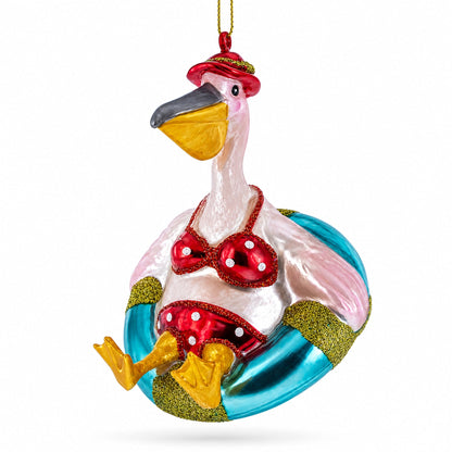 Pelican on Inflatable Ring Glass Christmas Ornament
