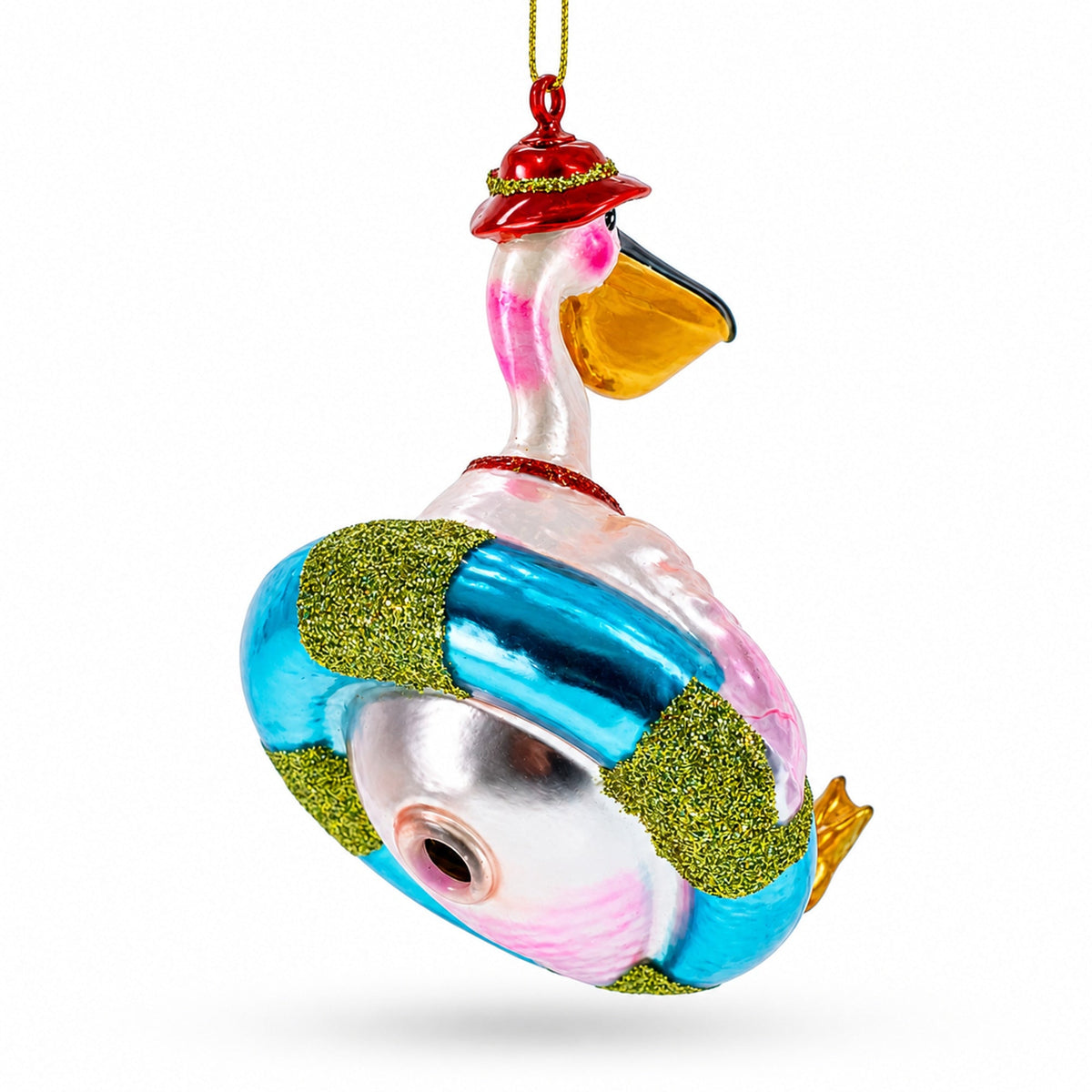 Pelican on Inflatable Ring Glass Christmas Ornament