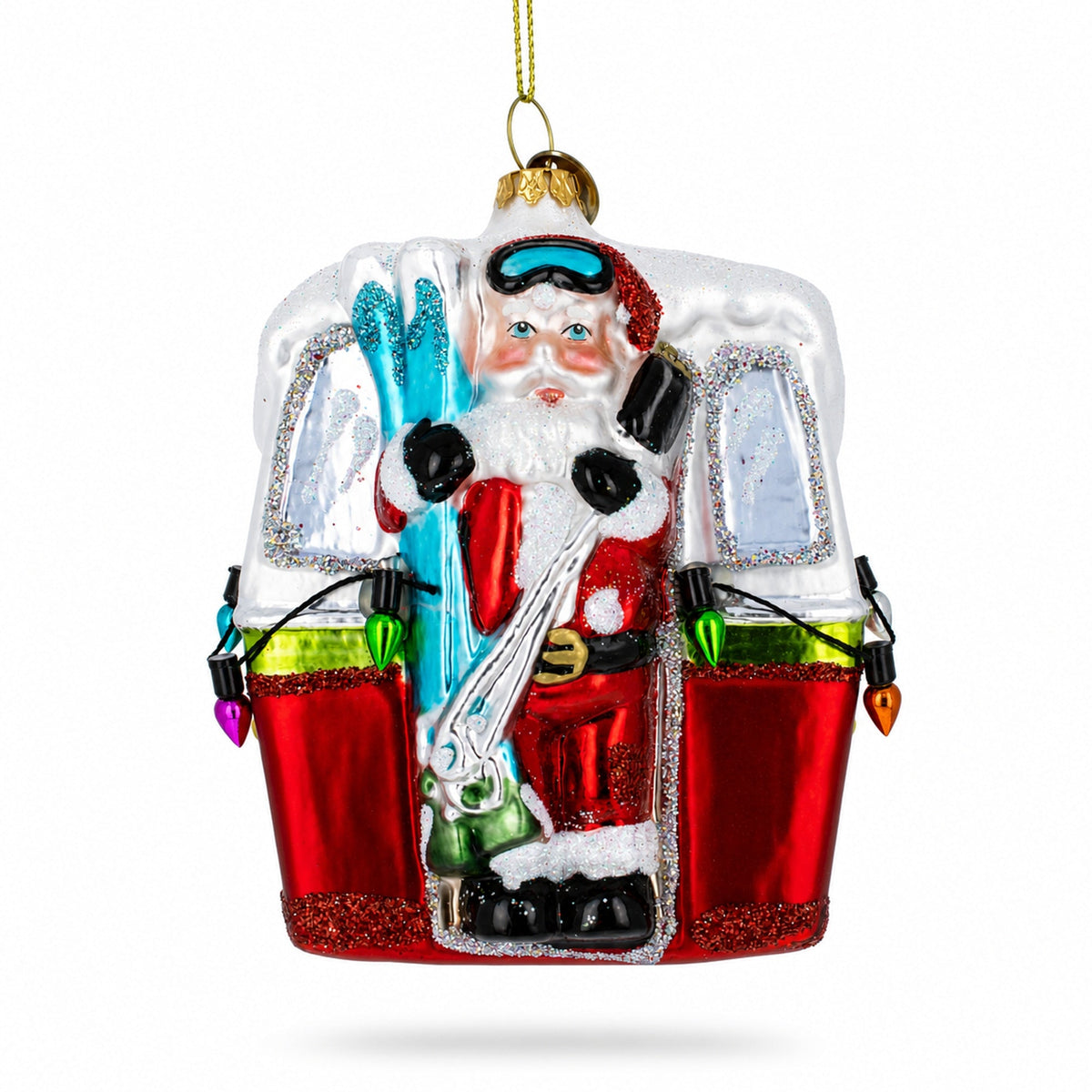 Santa with Skis in Gondola Glass Christmas Ornament