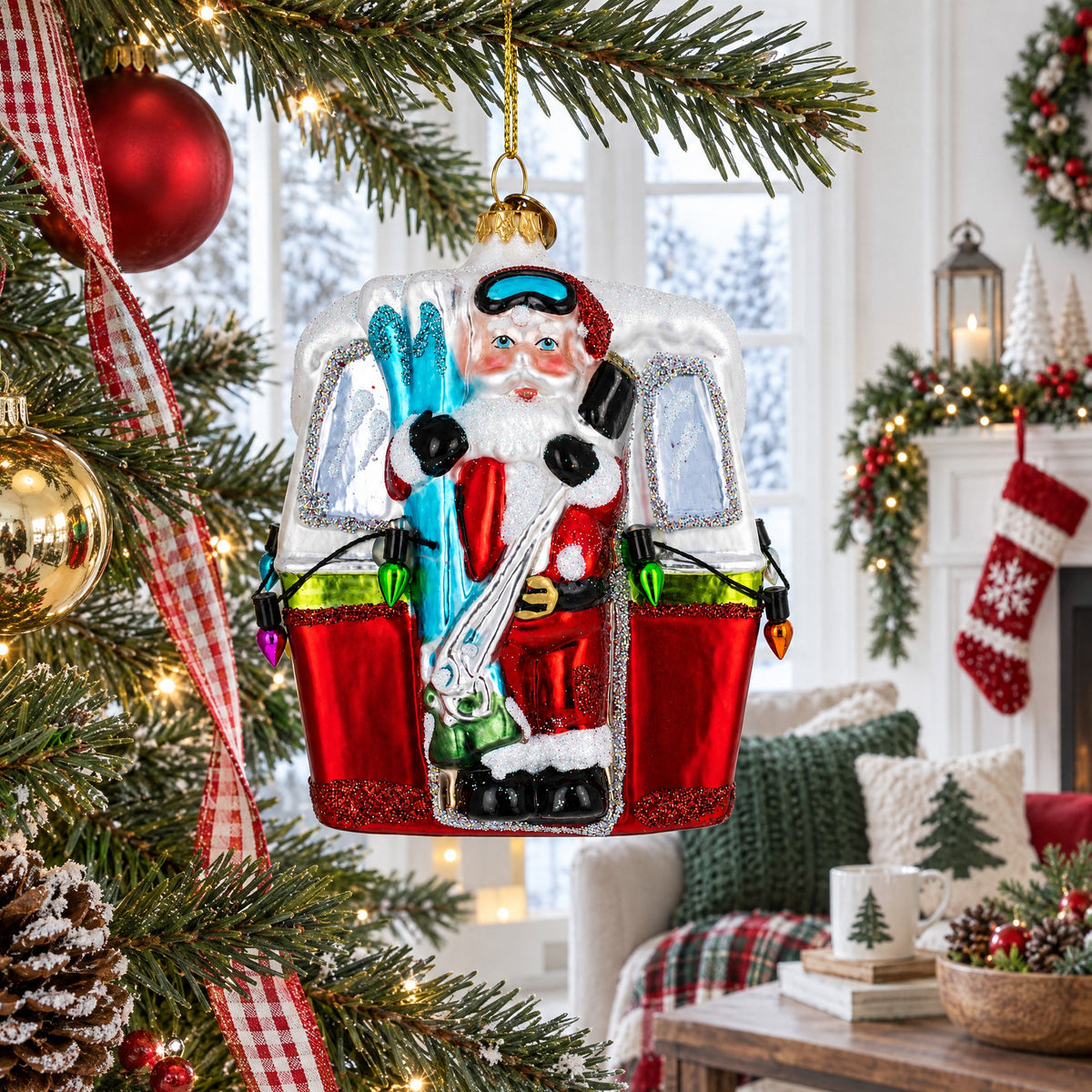 Santa with Skis in Gondola Glass Christmas Ornament
