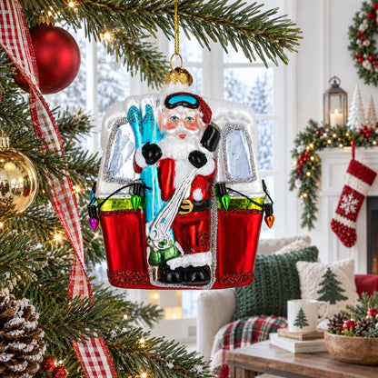 Santa with Skis in Gondola Glass Christmas Ornament