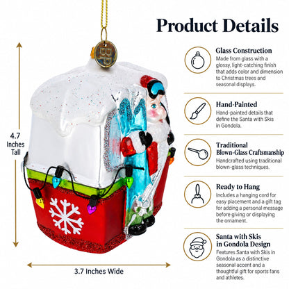 Santa with Skis in Gondola Glass Christmas Ornament