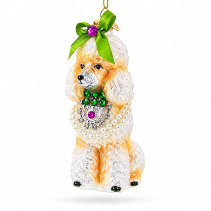 Poodle with Green Bow Glass Christmas Ornament