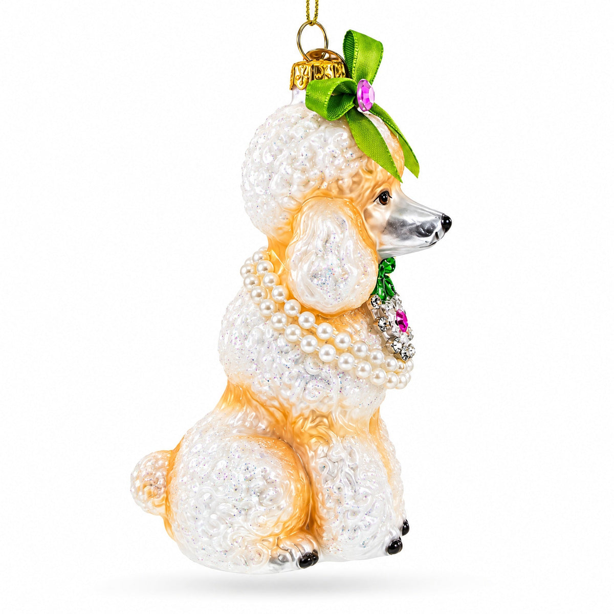 Poodle with Green Bow Glass Christmas Ornament