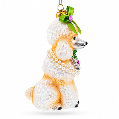 Poodle with Green Bow Glass Christmas Ornament