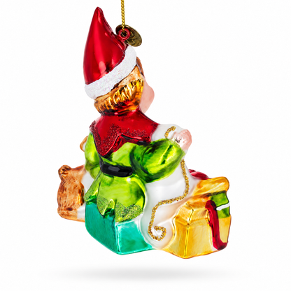 Elf and Deer Glass Christmas Ornament