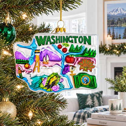 State of Washington Symbols, USA Glass Christmas Ornament