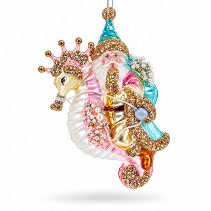 Santa Riding Seahorse Glass Christmas Ornament