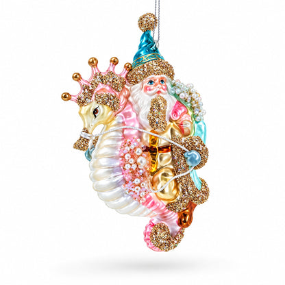 Santa Riding Seahorse Glass Christmas Ornament