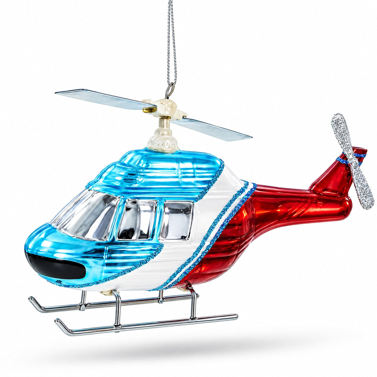 Blue and Red Helicopter Glass Christmas Ornament