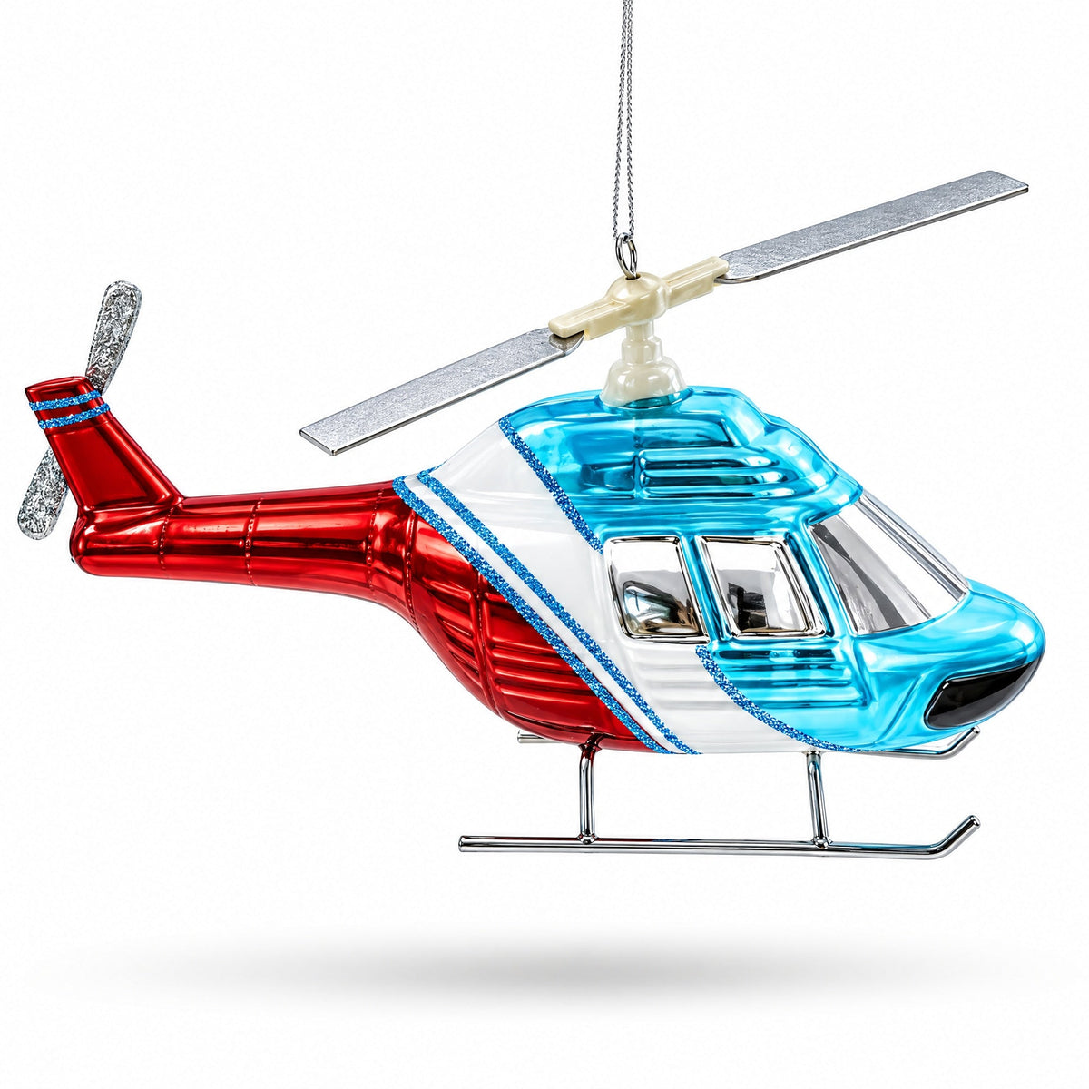 Blue and Red Helicopter Glass Christmas Ornament