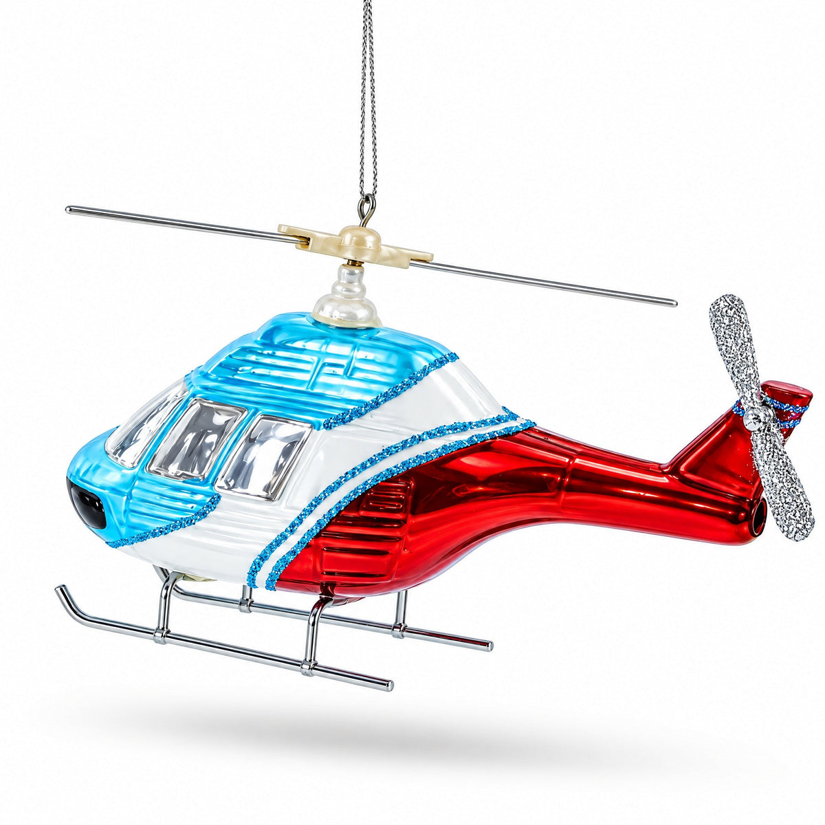 Blue and Red Helicopter Glass Christmas Ornament