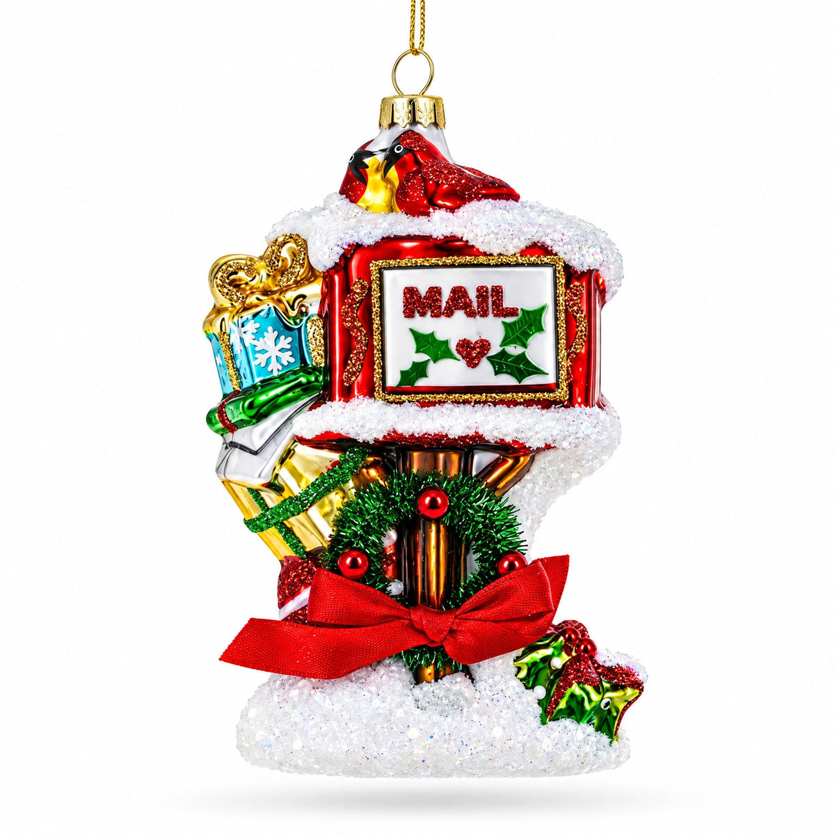Snowy Red Mailbox Full of Gifts Glass Christmas Ornament