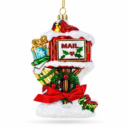 Snowy Red Mailbox Full of Gifts Glass Christmas Ornament