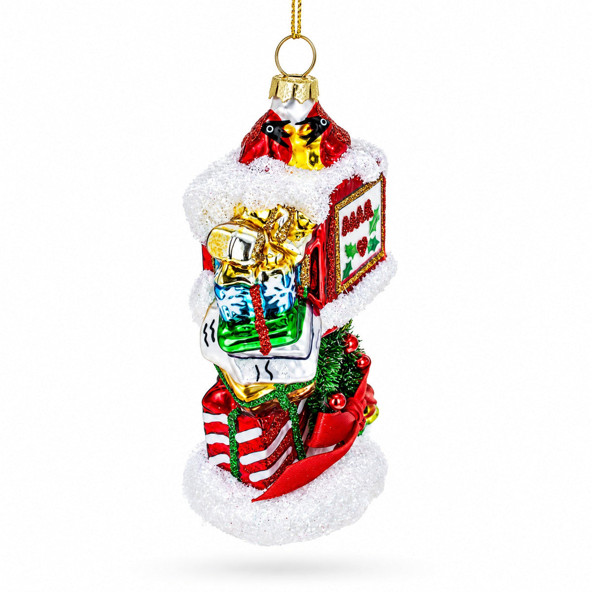 Snowy Red Mailbox Full of Gifts Glass Christmas Ornament