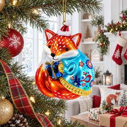 Fox with Gifts Glass Christmas Ornament