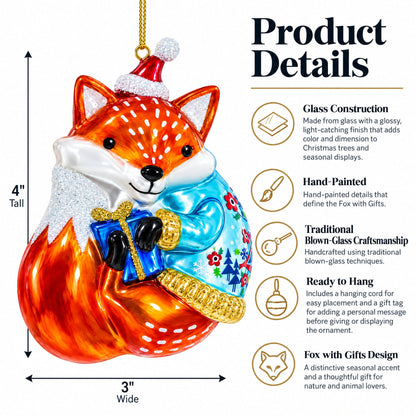 Fox with Gifts Glass Christmas Ornament