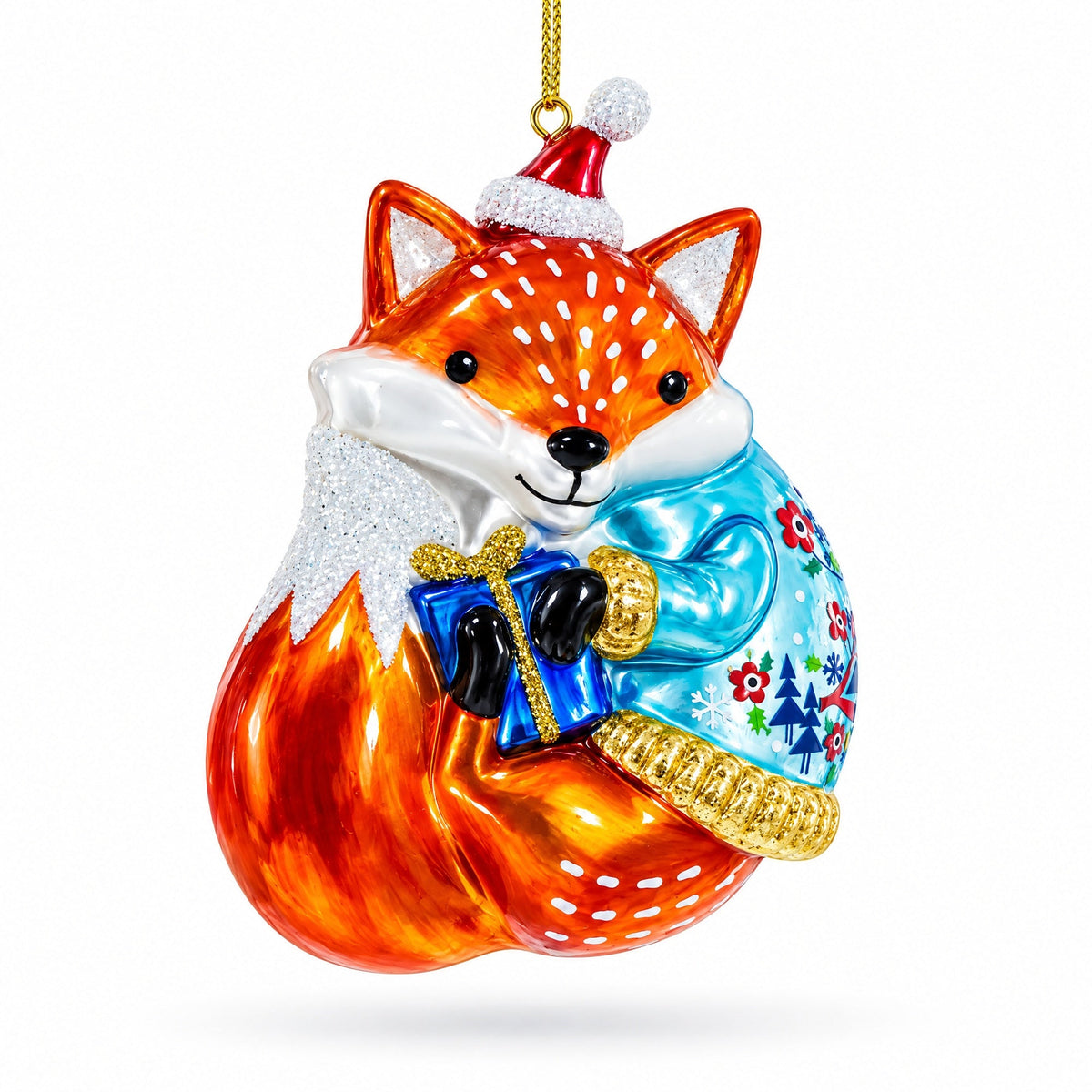 Fox with Gifts Glass Christmas Ornament
